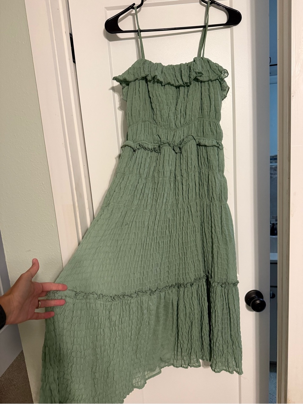 Smocked Ruffle Maxi Dress in Sage Green